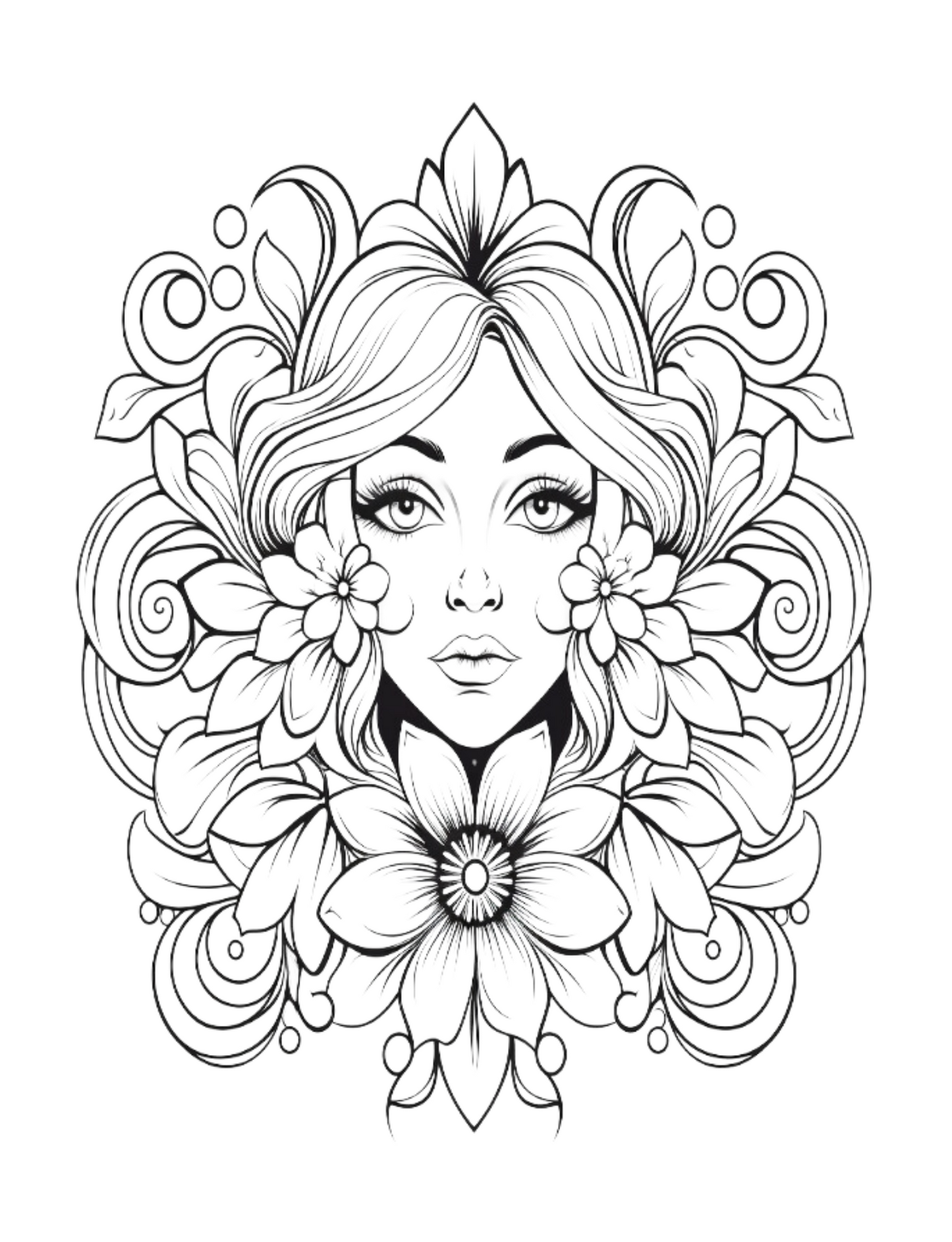 Digital PDF Symmetry in Bloom Flower Maidens Coloring Book