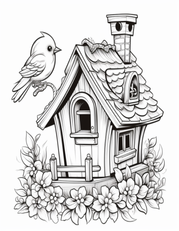 Digital PDF Birdhouse Coloring Book