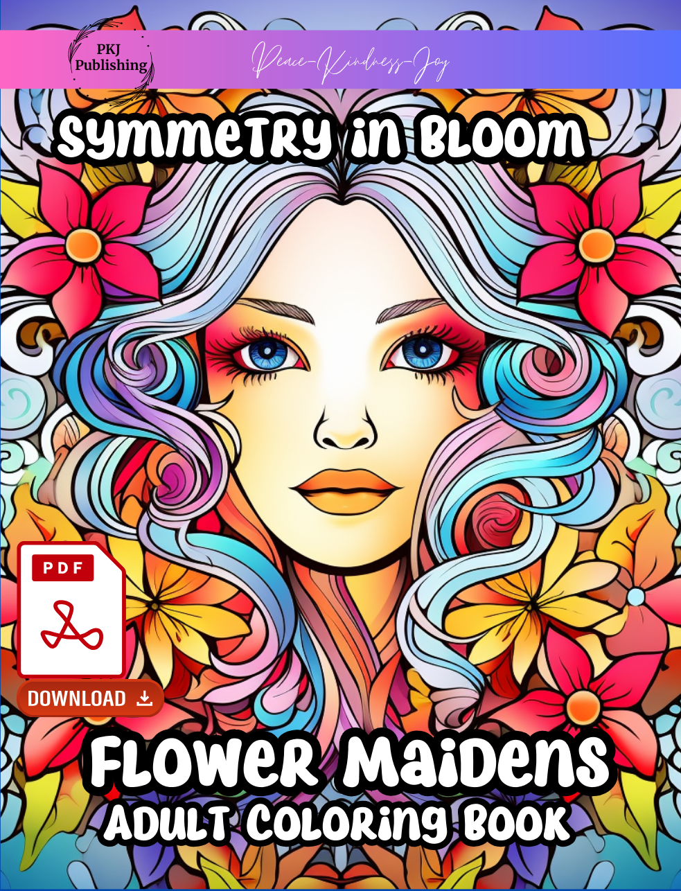 Digital PDF Symmetry in Bloom Flower Maidens Coloring Book